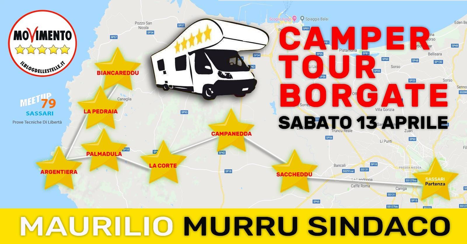 mappa camper tour nelle borgate — Sassari, CAMPER TOUR nelle borgate per il candidato sindato del M5S Maurilio Murru (sabato 13 aprile)