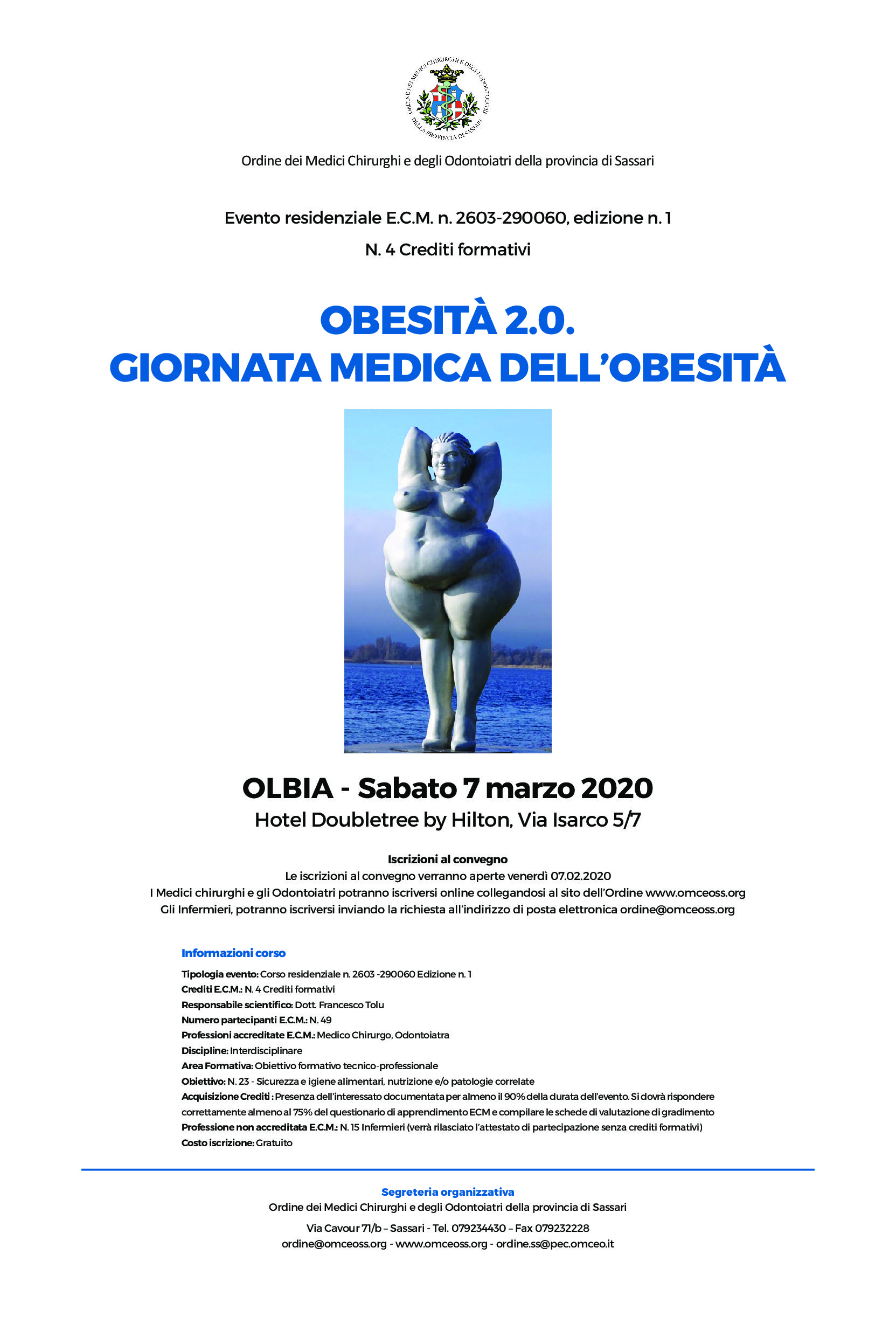 locandina 7 marzo 20202 — CORSO DI AGGIORNAMENTO E.C.M. OBESITÀ 2.0 – Olbia 7 marzo 2020