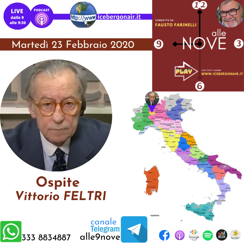 Alle nove Vittorio Feltri copertina — Vittorio Feltri ospite del podcast ” alle nove” condotto da Fausto Farinelli