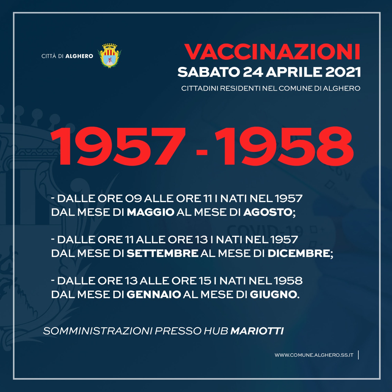 Immagine dell'articolo: Domani, sabato 14 aprile, vaccinazioni come da calendario per i nati nel 1957/1958