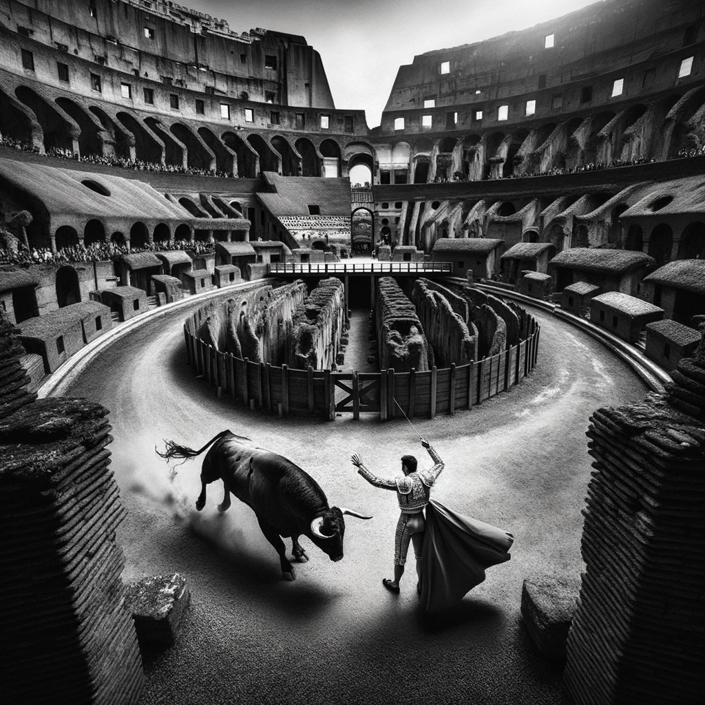 DALL·E-2023-10-14-17.52.38-Black-and-white-photo-capturing-an-intense-moment-inside-the-Roman-Colosseum-where-a-matador-stands-defiantly-a-bull-charging-at-him-ancient-ruins- — Il Balletto Burocratico Italiano vs. Il Flamenco Efficace Spagnolo