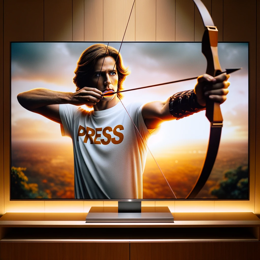 DALL·E-2023-10-21-08.23.36-Photo-of-a-sleek-television-in-a-contemporary-setting.-The-screen-showcases-an-individual-of-Western-descent.-Theyre-dressed-in-a-t-shirt-with-a-prom — La Televisione tra Informazione e Distrazione: Quando lo Schermo Divent